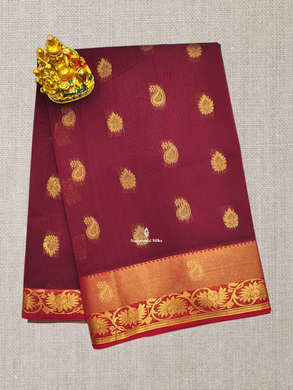 Grey Beautiful Mesmerised Cotton Saree With Maroon Tissue And Butta Border