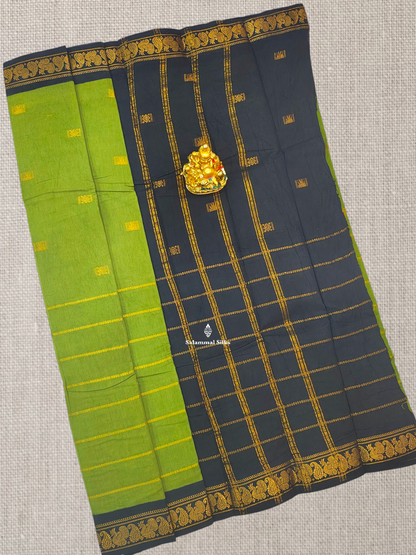 Beautiful Olive Velthari Lines And Buttas Printed Pure Sungudi Cotton Saree With Contrast Black Border
