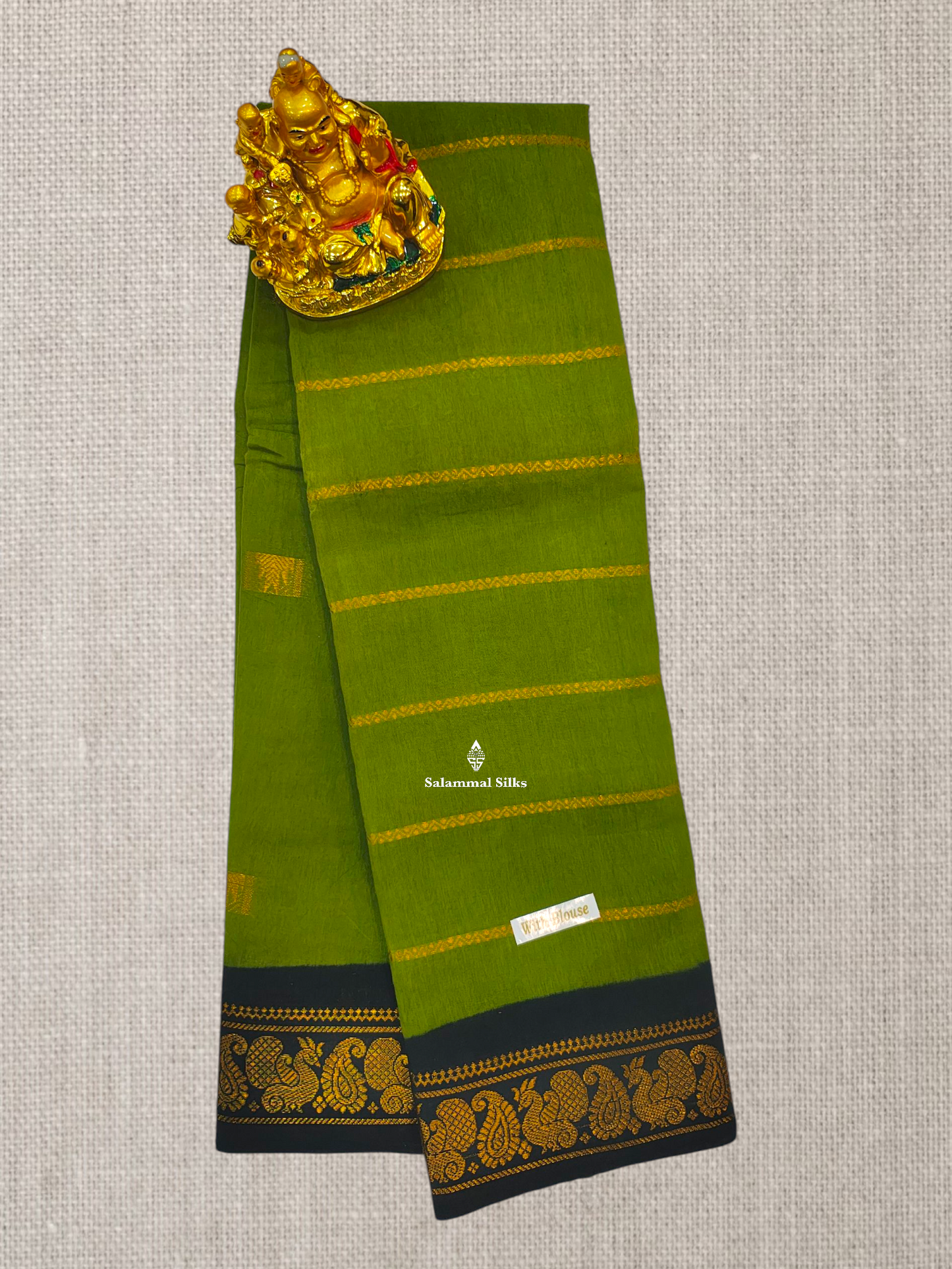 Beautiful Olive Velthari Lines And Buttas Printed Pure Sungudi Cotton Saree With Contrast Black Border