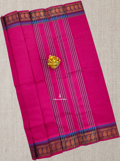 Beautiful Pink Chettinad Plain Pure Cotton Saree With Magenta Border