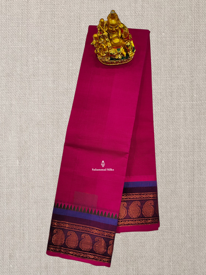 Beautiful Pink Chettinad Plain Pure Cotton Saree With Magenta Border