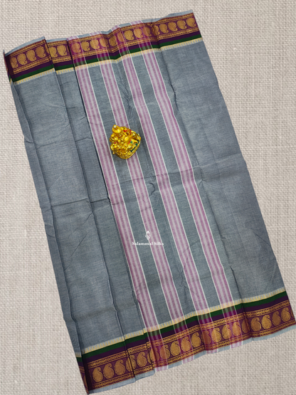 Beautiful Ash Chettinad Plain Pure Cotton Saree With Magenta Traditional Border