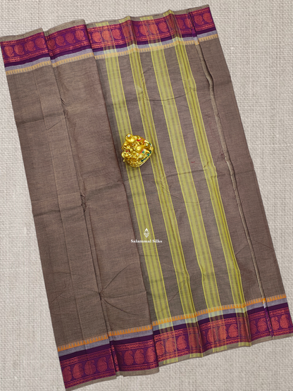 Beautiful Dual Tone Brown Chettinad Plain Pure Cotton Saree With Violet Traditional Border