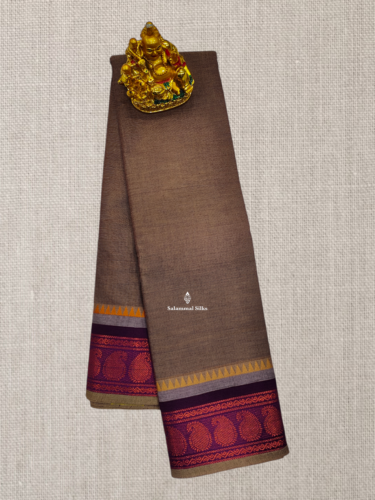 Beautiful Dual Tone Brown Chettinad Plain Pure Cotton Saree With Violet Traditional Border