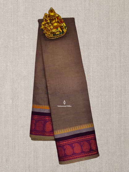 Beautiful Dual Tone Brown Chettinad Plain Pure Cotton Saree With Violet Traditional Border