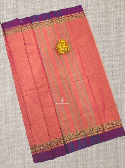 Beautiful Dual Tone Pink Chettinad Plain Pure Cotton Saree With Magenta Border