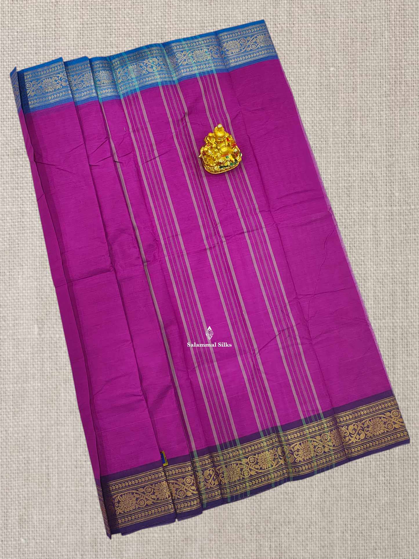 Beautiful Purple Chettinad Plain Pure Cotton Saree With Traditional Ganga And Jamuna Border