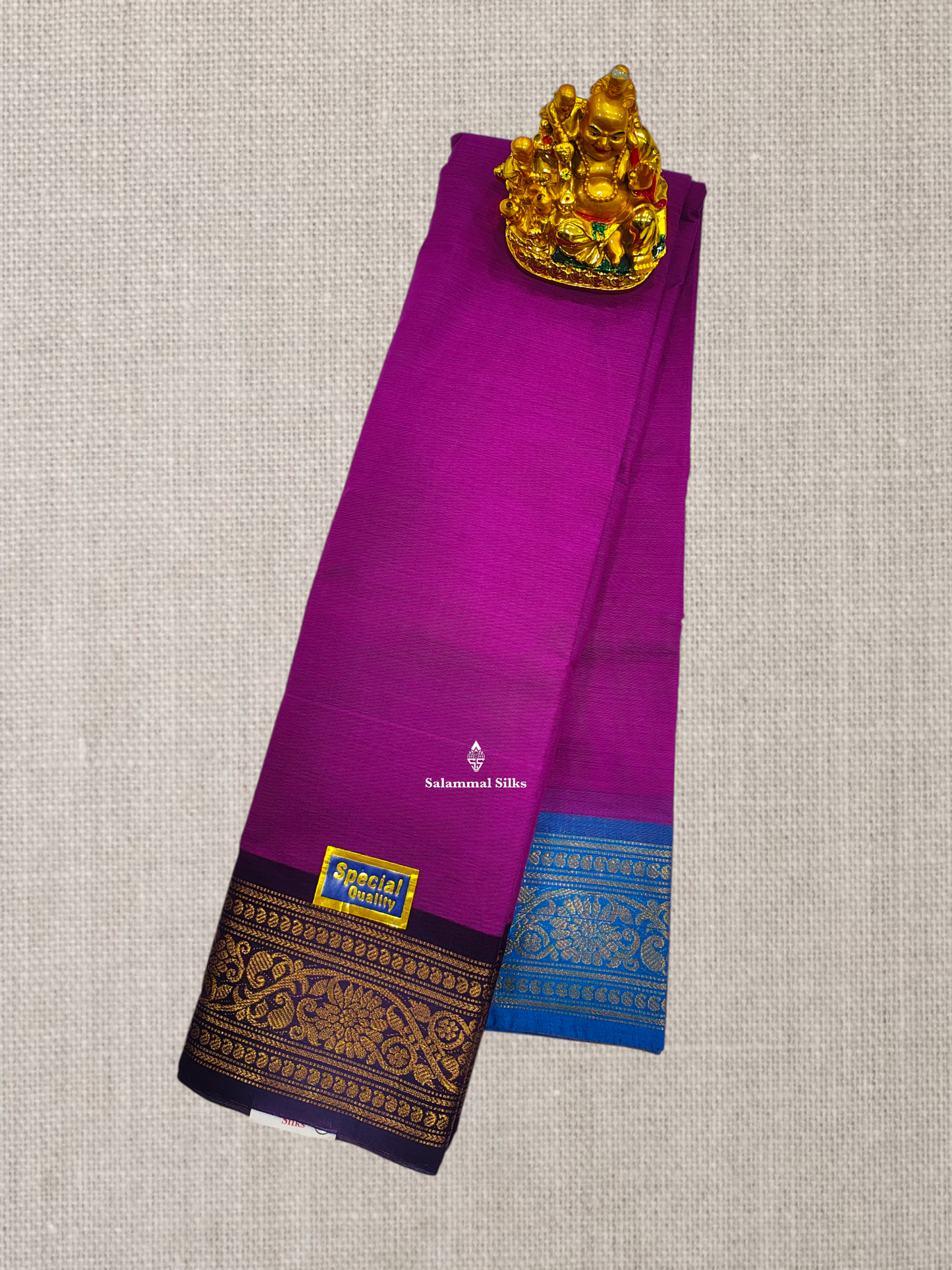 Beautiful Purple Chettinad Plain Pure Cotton Saree With Traditional Ganga And Jamuna Border