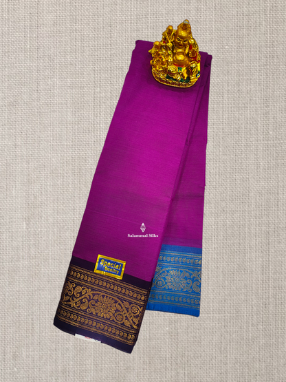 Beautiful Purple Chettinad Plain Pure Cotton Saree With Traditional Ganga And Jamuna Border