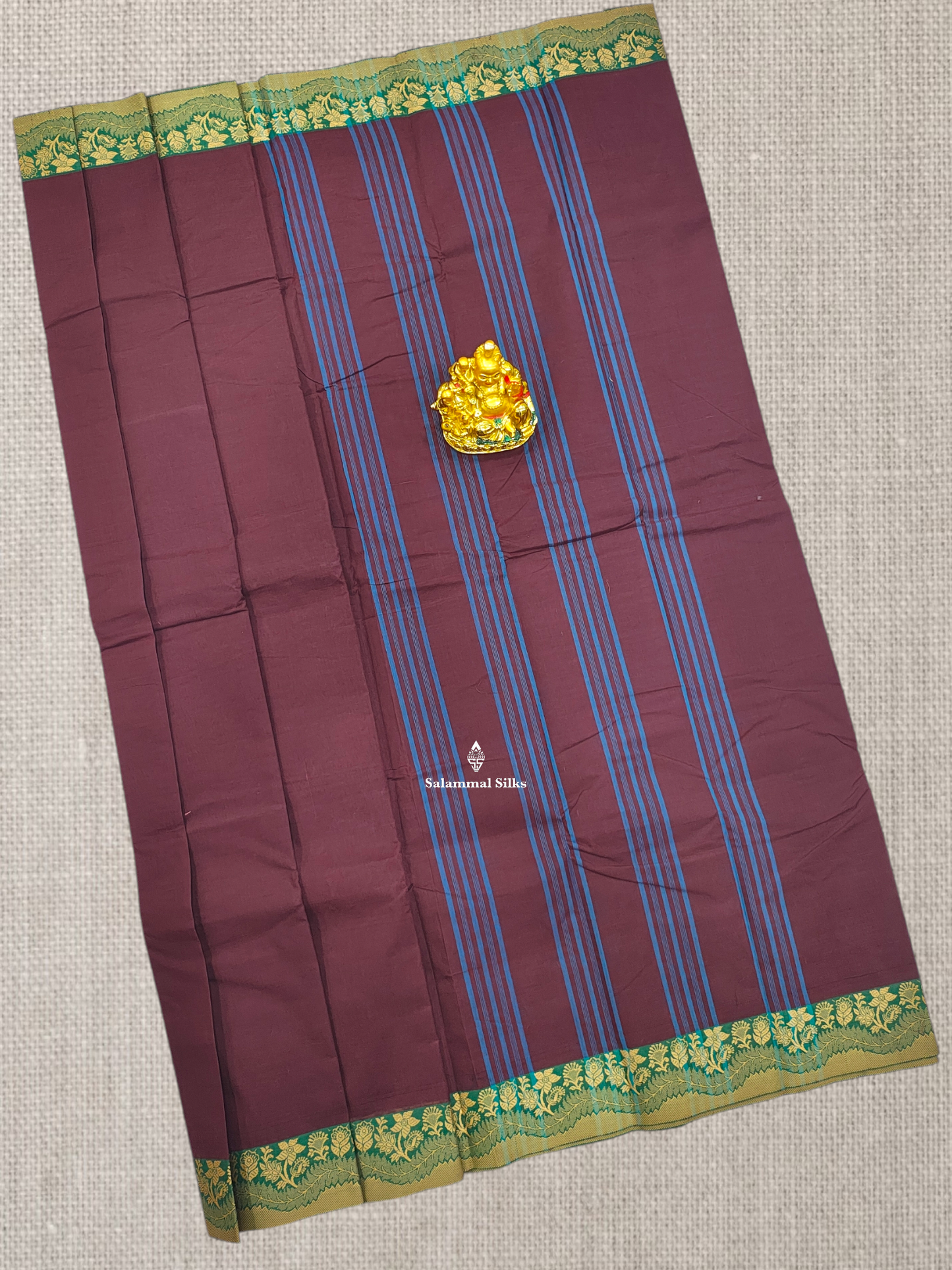 Beautiful Dark Brown Chettinad Plain Pure Cotton Saree With Bottle Green Thread Work Border