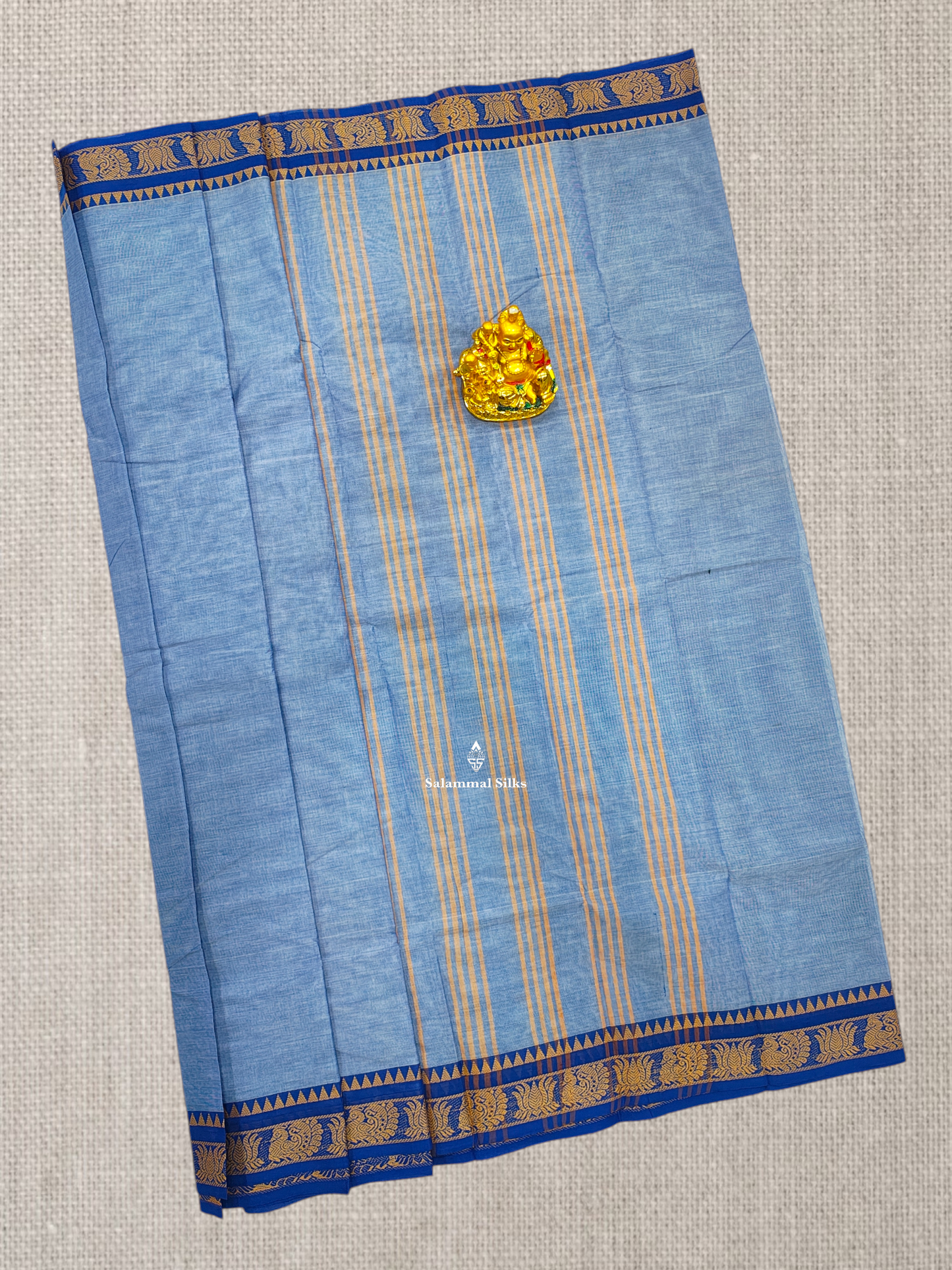Beautiful Light Blue Chettinad Plain Pure Cotton Saree With Royal Blue Border