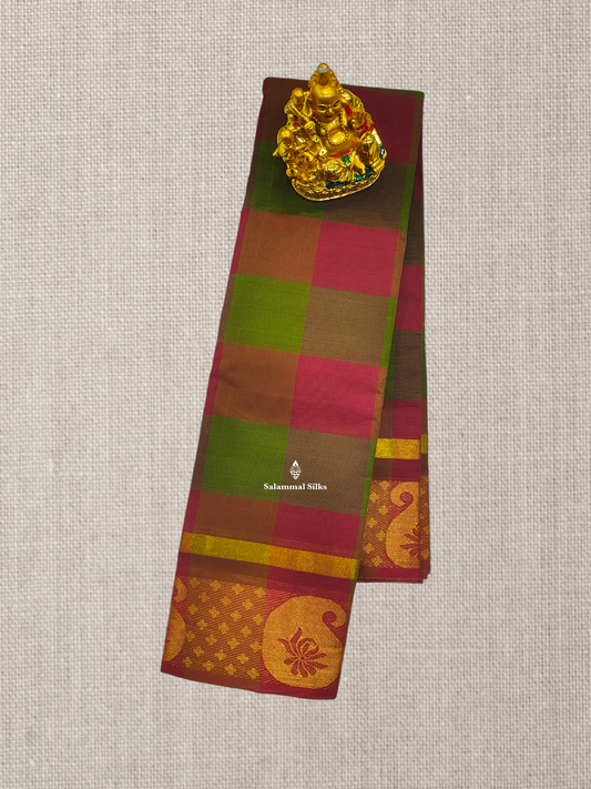 Beautiful Paalum Pazham Checks Chettinad Pure Cotton Saree With Self Border