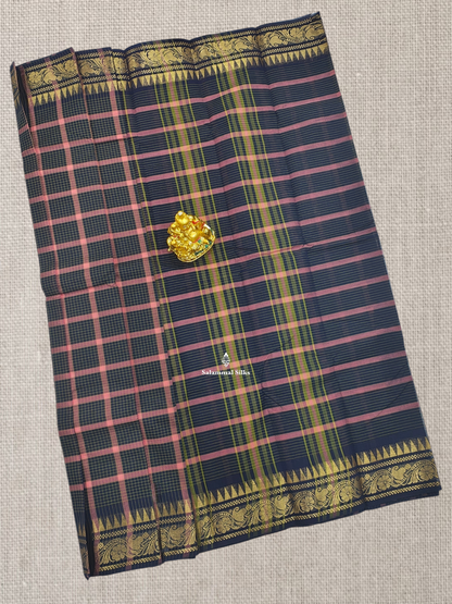Beautiful Navy Blue Thread Checks Chettinad Pure Cotton Saree With Self Border