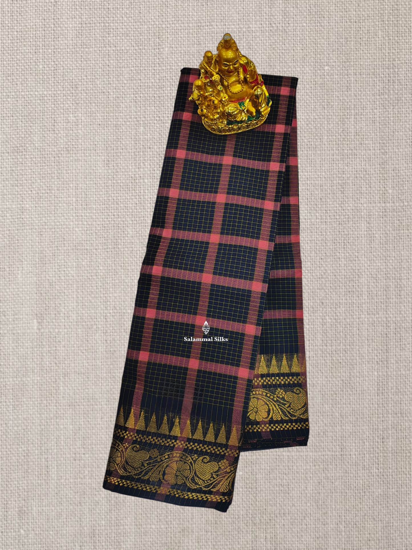 Beautiful Navy Blue Thread Checks Chettinad Pure Cotton Saree With Self Border