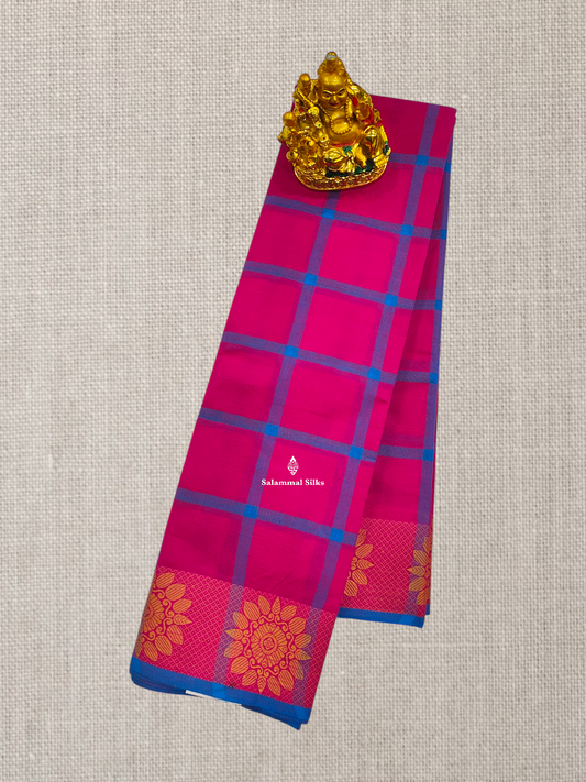Pink Beautiful Checks Chettinad Pure Cotton Saree With Self Thread Work Border
