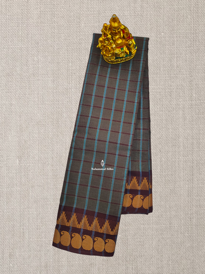 Beautiful Grey Thread Checks Chettinad Pure Cotton Saree With Dark Brown Traditional temple Border
