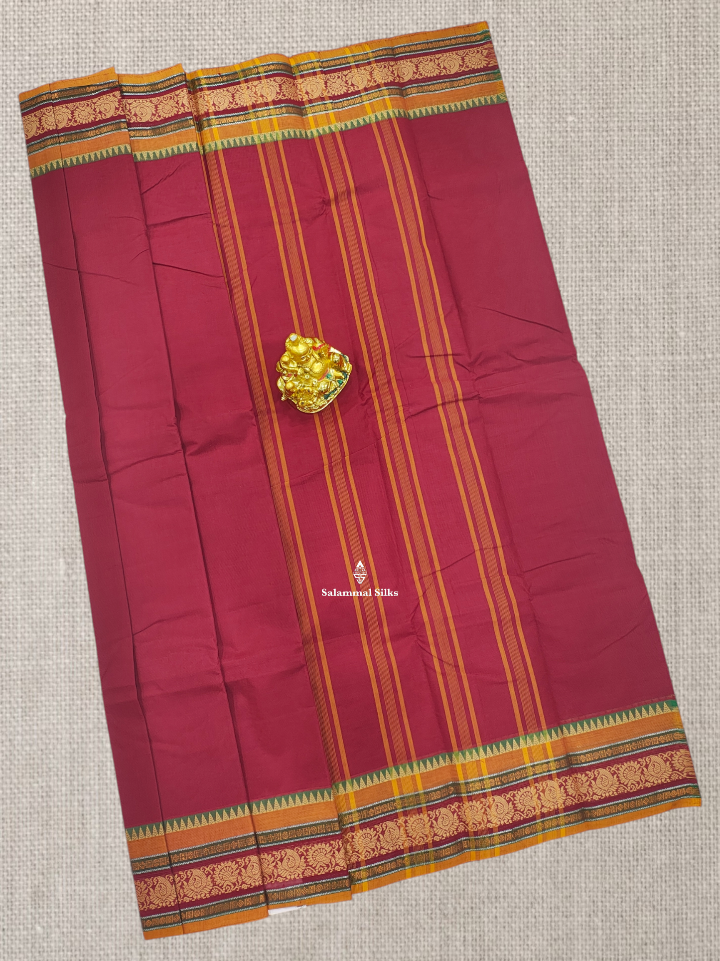 Beautiful Maroon Chettinad Plain Pure Cotton Saree With Multicolour Border