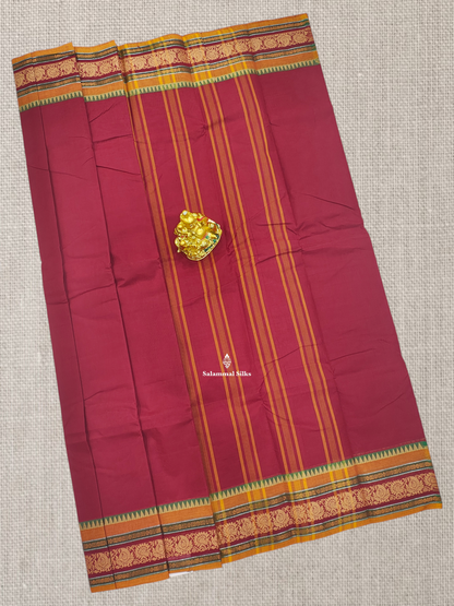 Beautiful Maroon Chettinad Plain Pure Cotton Saree With Multicolour Border