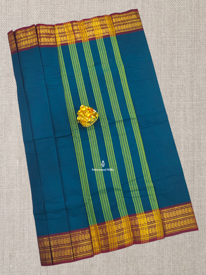 Peacock Blue Beautiful Chettinad Plain Pure Cotton Saree With Maroon Traditional Border