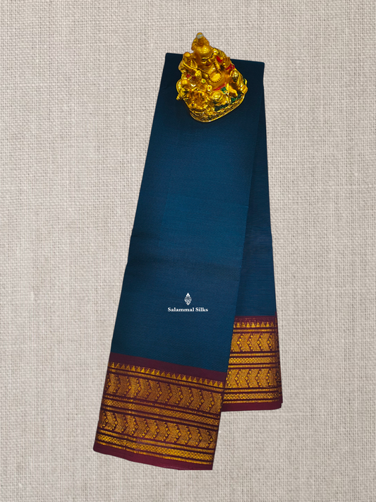 Peacock Blue Beautiful Chettinad Plain Pure Cotton Saree With Maroon Traditional Border