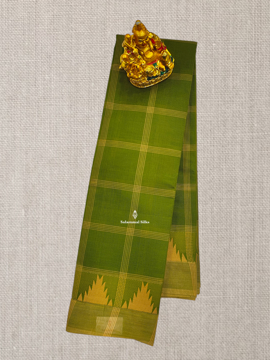 Light Parrot Green Beautiful Checks Chettinad Pure Cotton Saree With Sandal Border