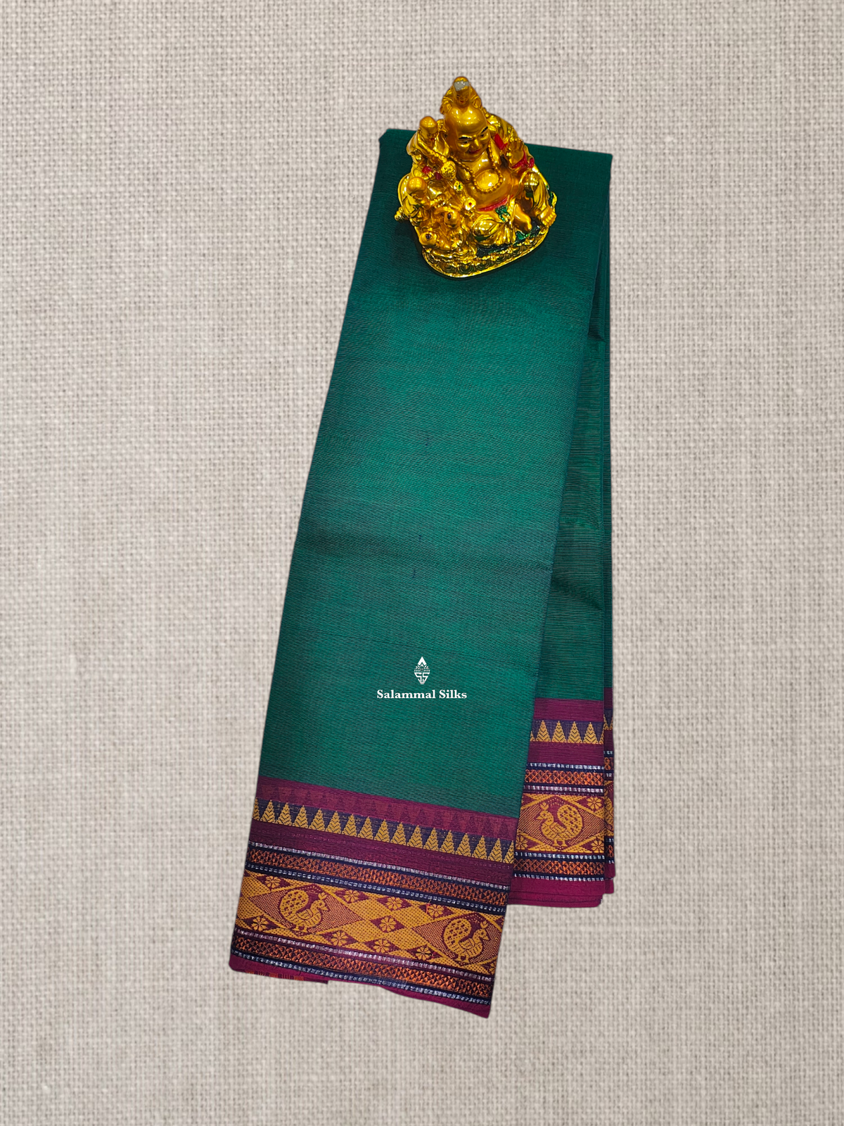 Dual Tone Green Beautiful Chettinad Plain Pure Cotton Saree With Violet Border