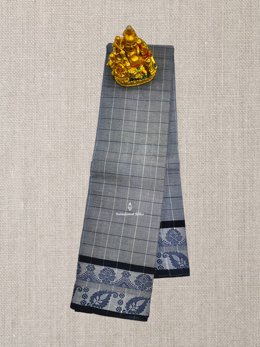 Ash Beautiful Thread Checks Chettinad Pure Cotton Saree With Navy Blue Thread Work Border