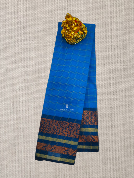 Light Ramar Blue Beautiful Thread Checks Chettinad Pure Cotton Saree With Peacock Blue Border