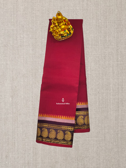 Beautiful Maroon Chettinad Plain Pure Cotton Saree With Violet Border