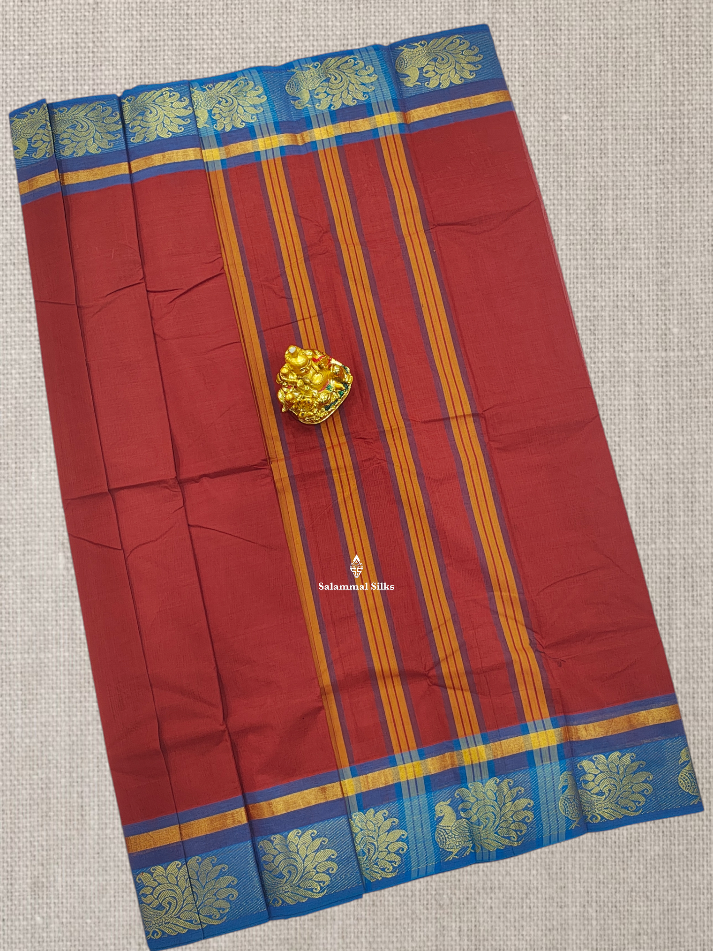 Beautiful Rust Orange Chettinad Plain Pure Cotton Saree With Light Ramar Bue Border