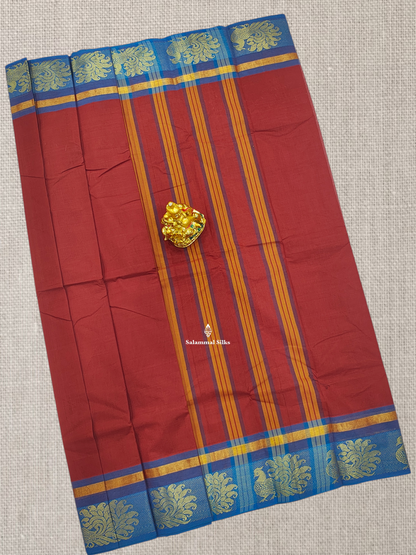 Beautiful Rust Orange Chettinad Plain Pure Cotton Saree With Light Ramar Bue Border