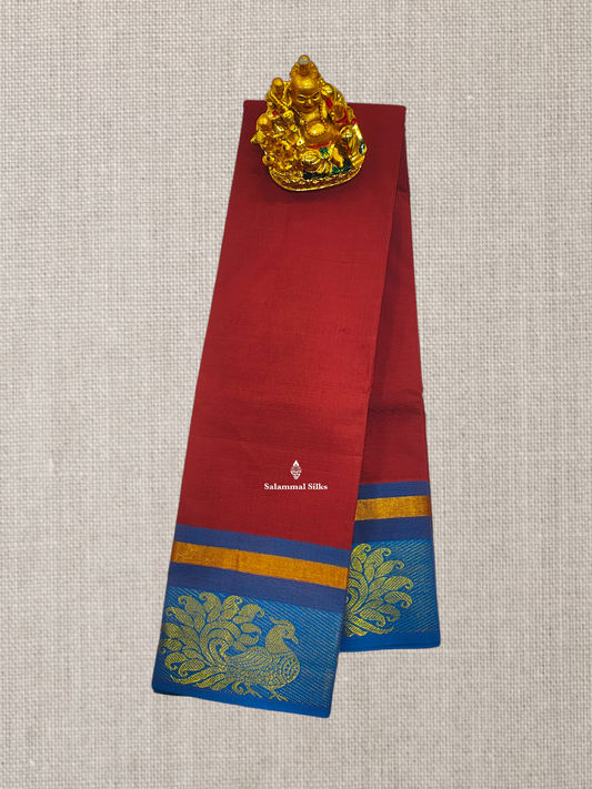 Beautiful Rust Orange Chettinad Plain Pure Cotton Saree With Light Ramar Bue Border
