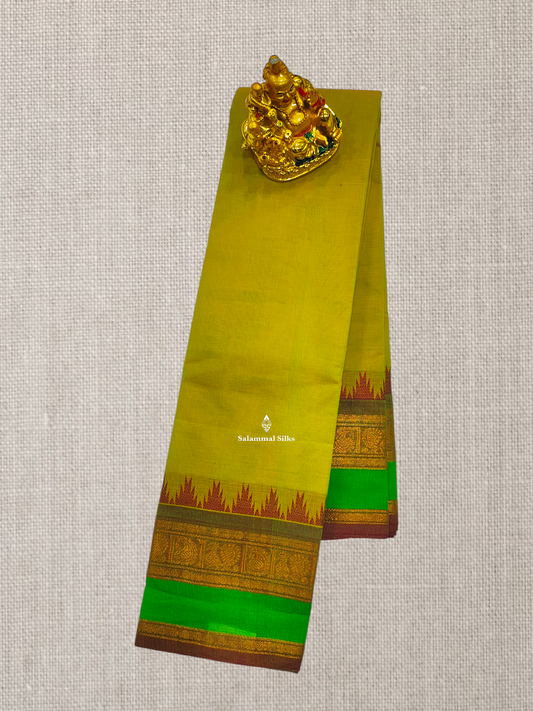 Beautiful Parrot Green Chettinad Plain Pure Cotton Saree With Green Double Border
