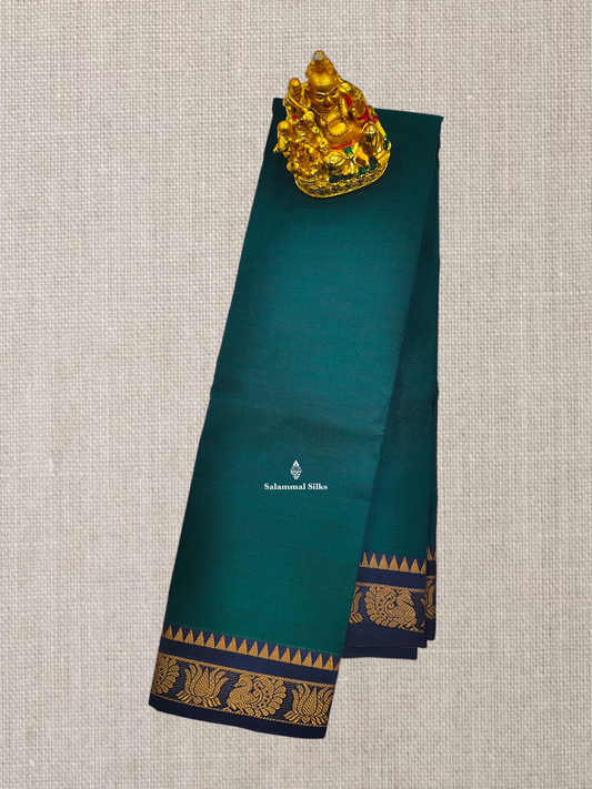 Peacock Beautiful Chettinad Plain Pure Cotton Saree With Navy Blue Thread Work Border