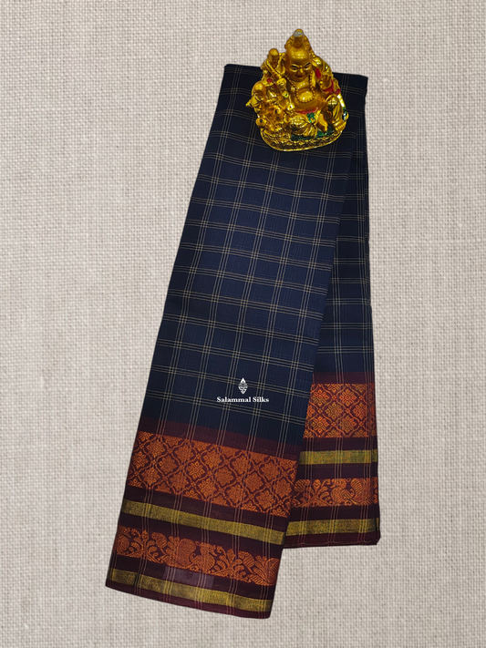 Beautiful Navy Blue Thread Checks Chettinad Pure Cotton Saree With Dark Brown Border