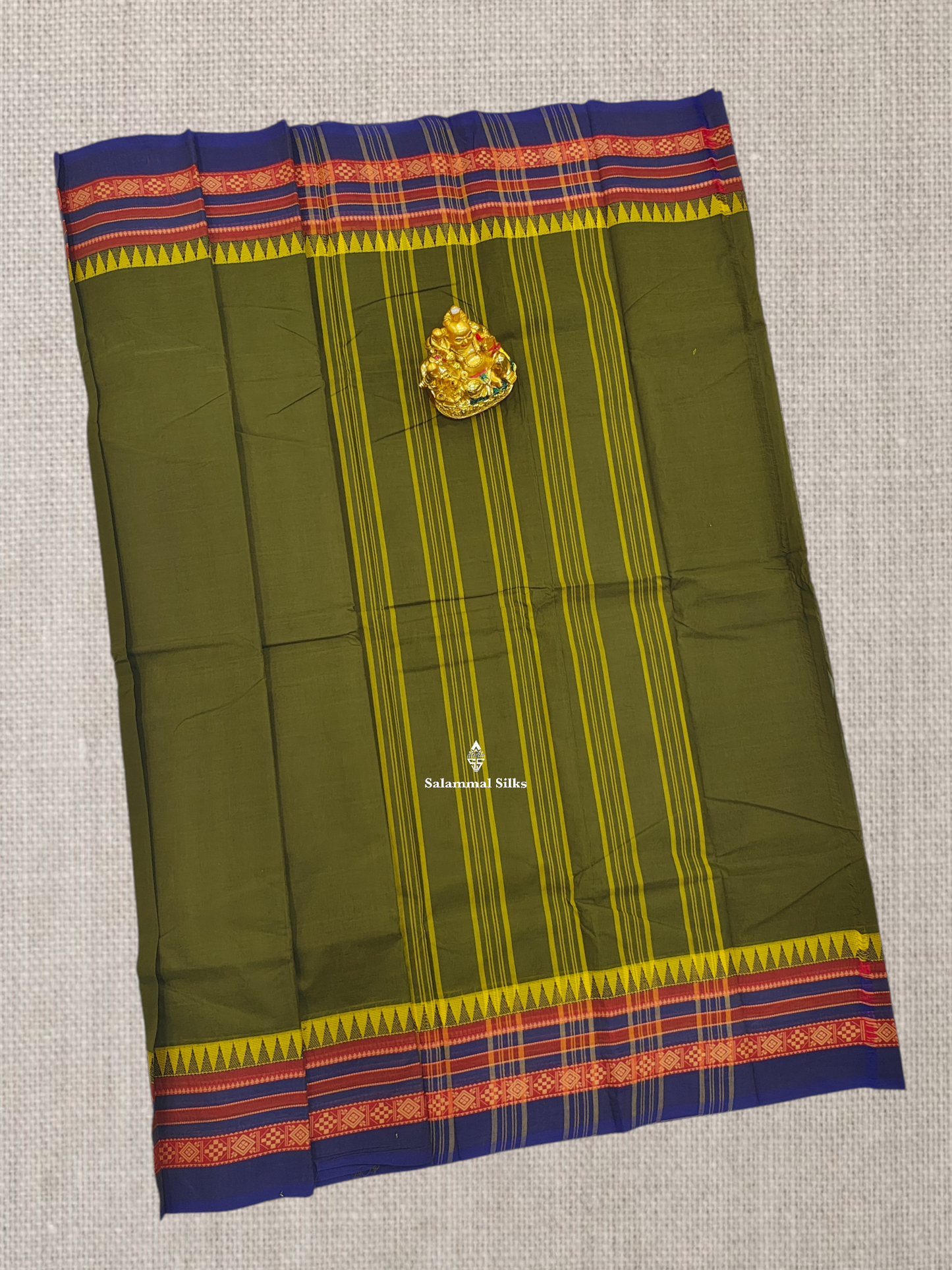 Beautiful Army Green Plain Chettinad Pure Cotton Saree With Contrast Violet Traditional Border