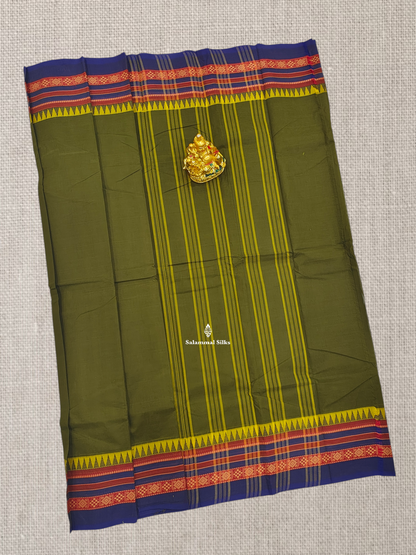 Beautiful Army Green Plain Chettinad Pure Cotton Saree With Contrast Violet Traditional Border