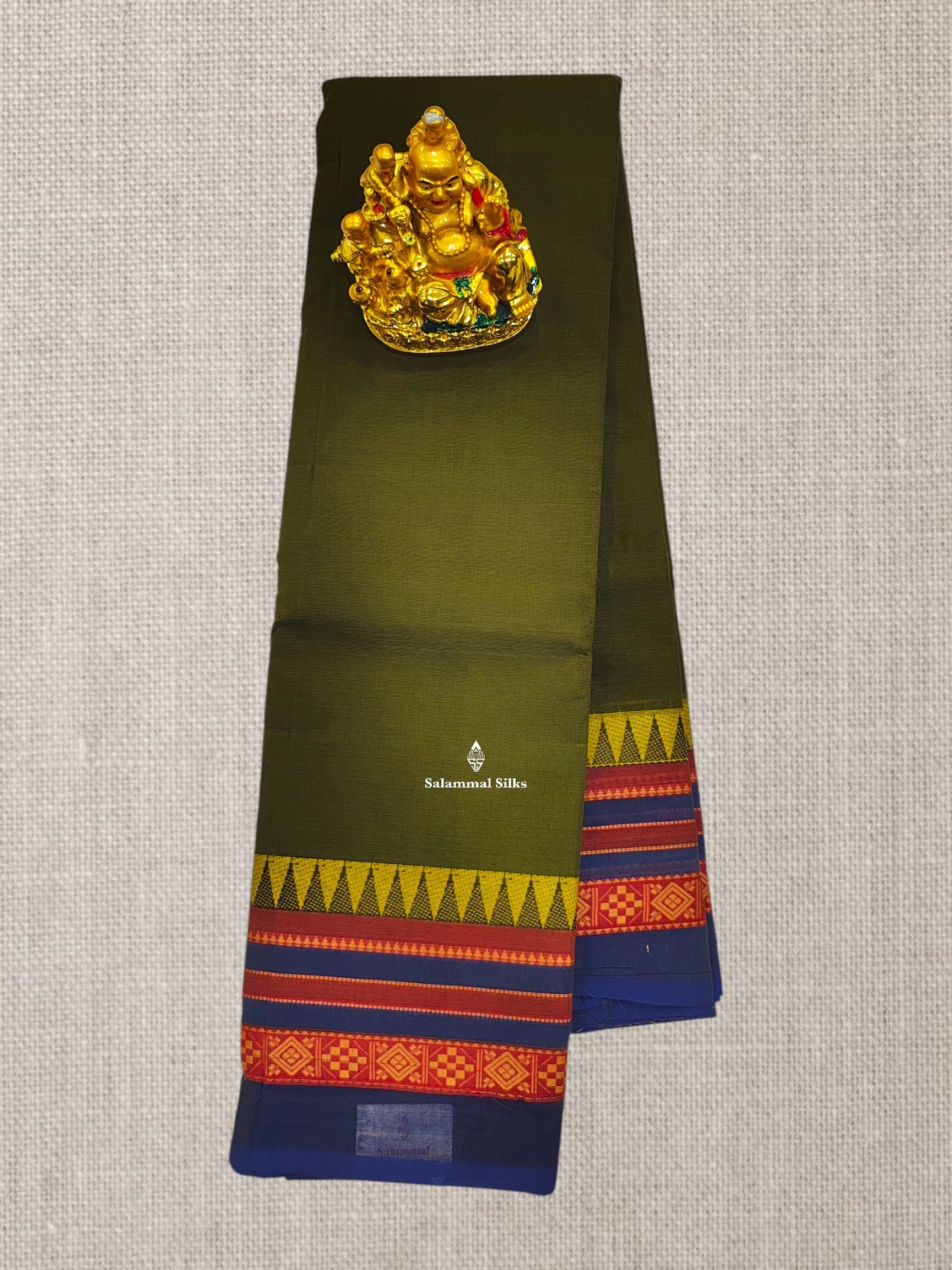 Beautiful Army Green Plain Chettinad Pure Cotton Saree With Contrast Violet Traditional Border