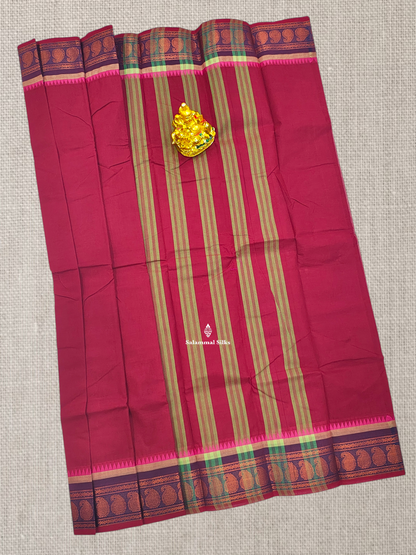 Beautiful Maroon Plain Chettinad Pure Cotton Saree With Traditional Border