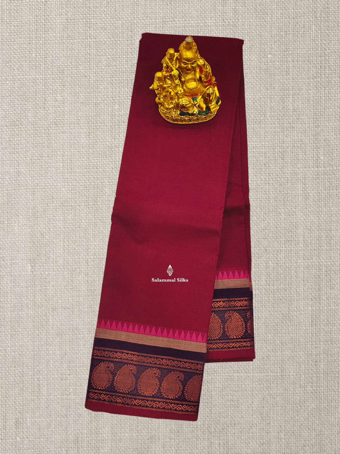 Beautiful Maroon Plain Chettinad Pure Cotton Saree With Traditional Border