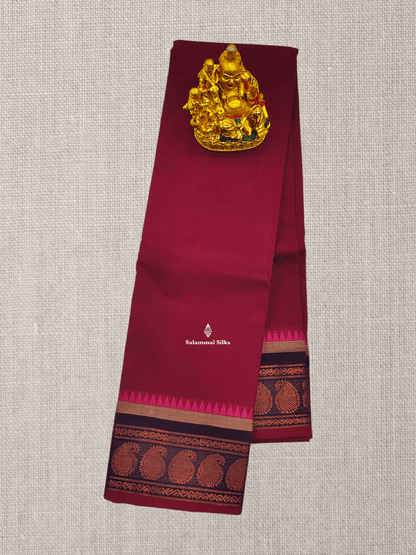 Beautiful Maroon Plain Chettinad Pure Cotton Saree With Traditional Border