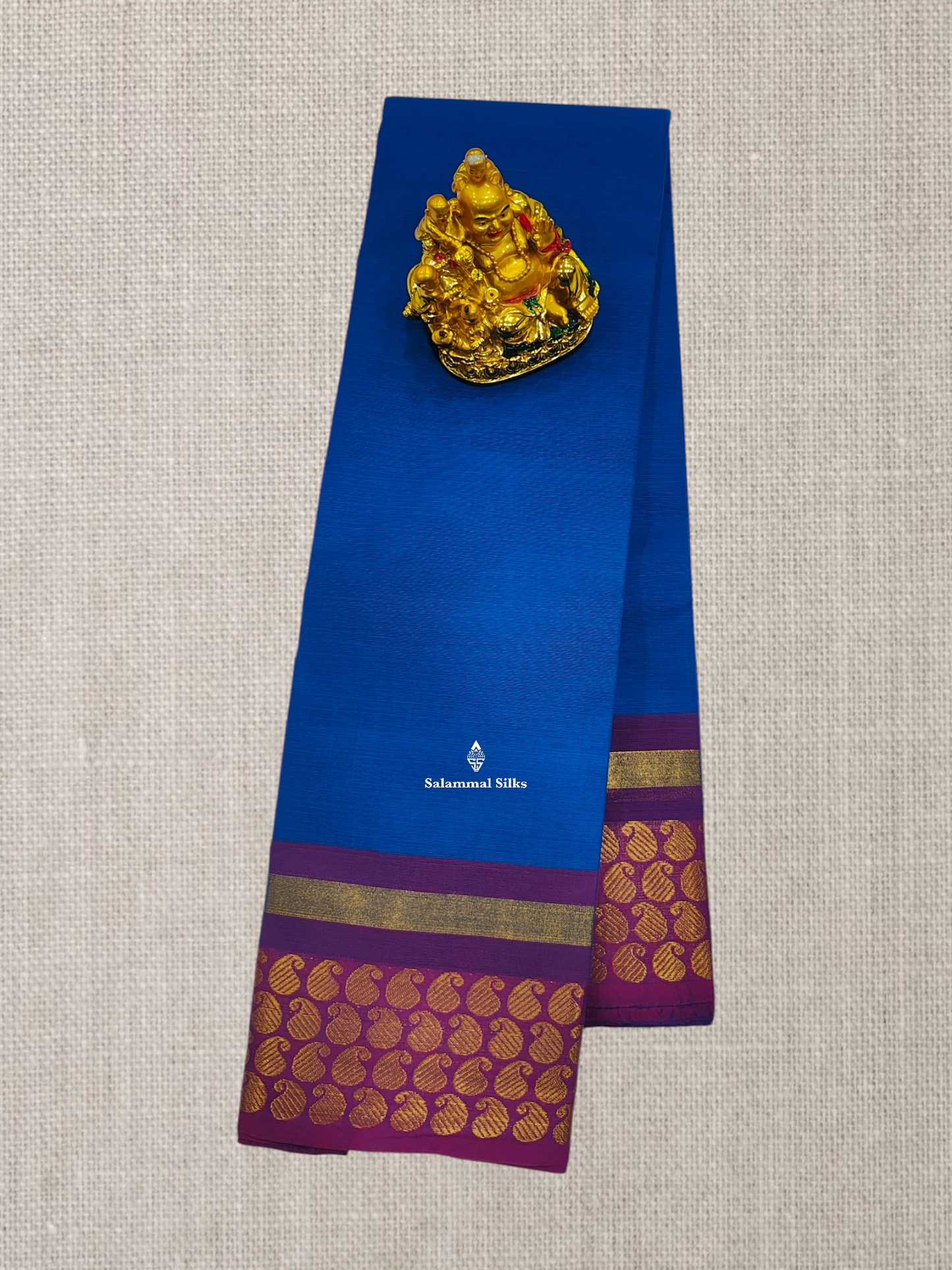 Beautiful Ramar Blue Plain Chettinad Pure Cotton Saree With Violet Border