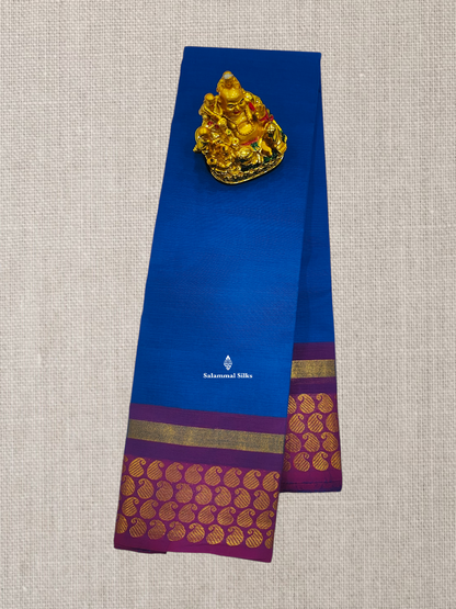 Beautiful Ramar Blue Plain Chettinad Pure Cotton Saree With Violet Border