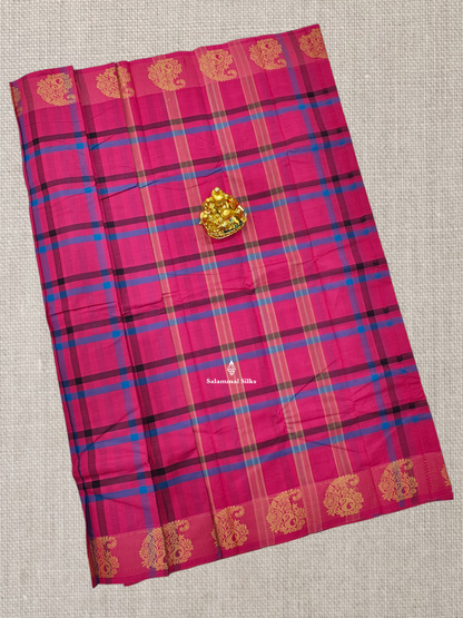 Beautiful Pink Checks Chettinad Pure Cotton Saree With Thread Work Self Border