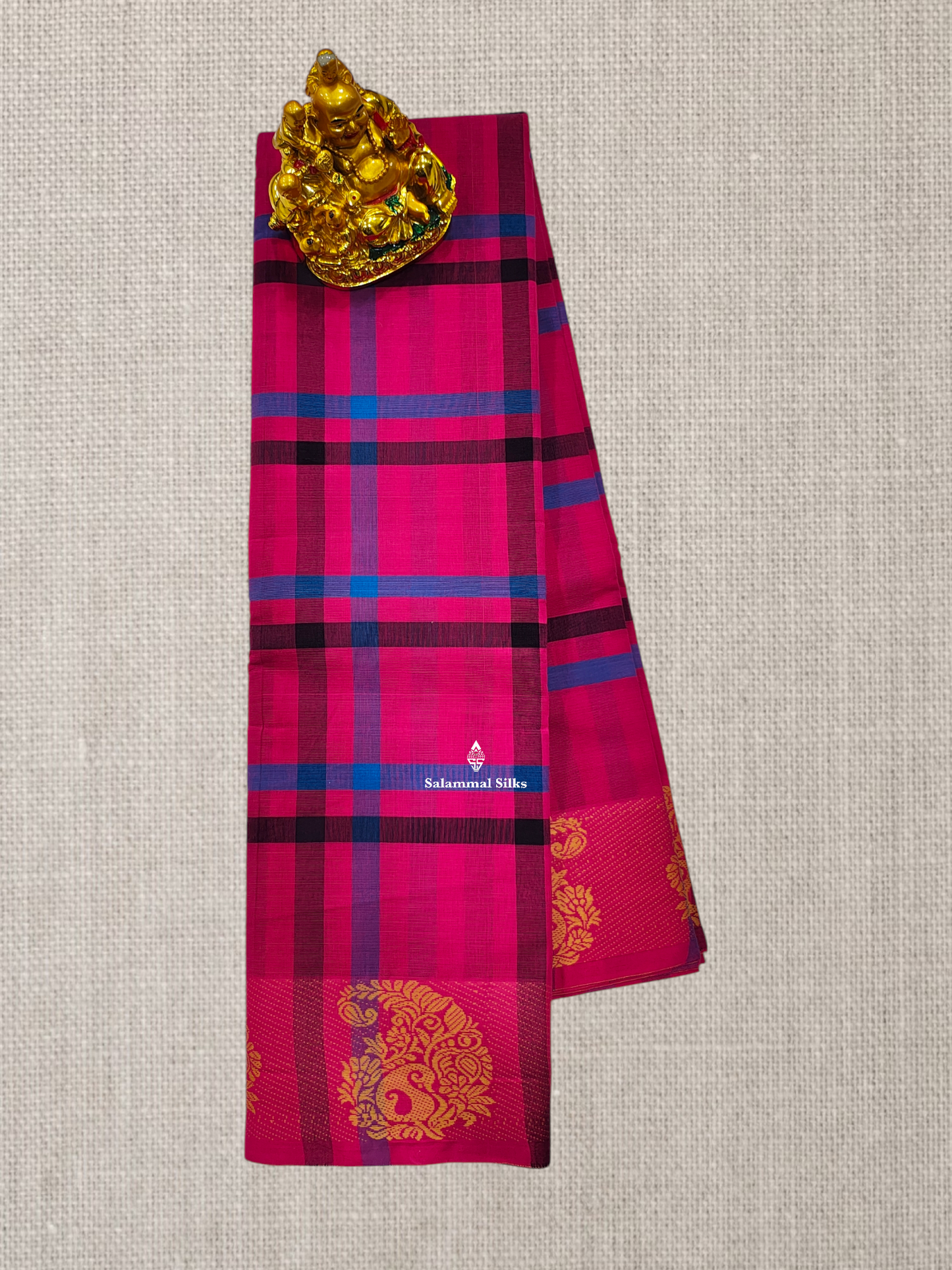 Beautiful Pink Checks Chettinad Pure Cotton Saree With Thread Work Self Border