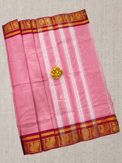 Beautiful Light Pink Plain Chettinad Pure Cotton Saree With Red Border