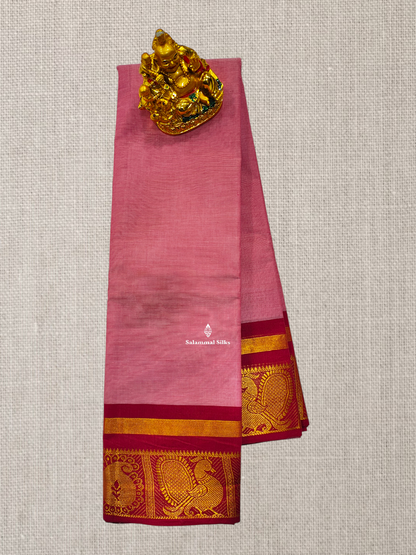 Beautiful Light Pink Plain Chettinad Pure Cotton Saree With Red Border