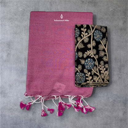 Pink Colour Khadi Cotton Saree With Running Blouse & Kalamkari Blouse