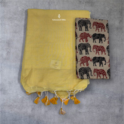 Lemon Yellow Colour Khadi Cotton Saree With Running Blouse & Kalamkari Blouse
