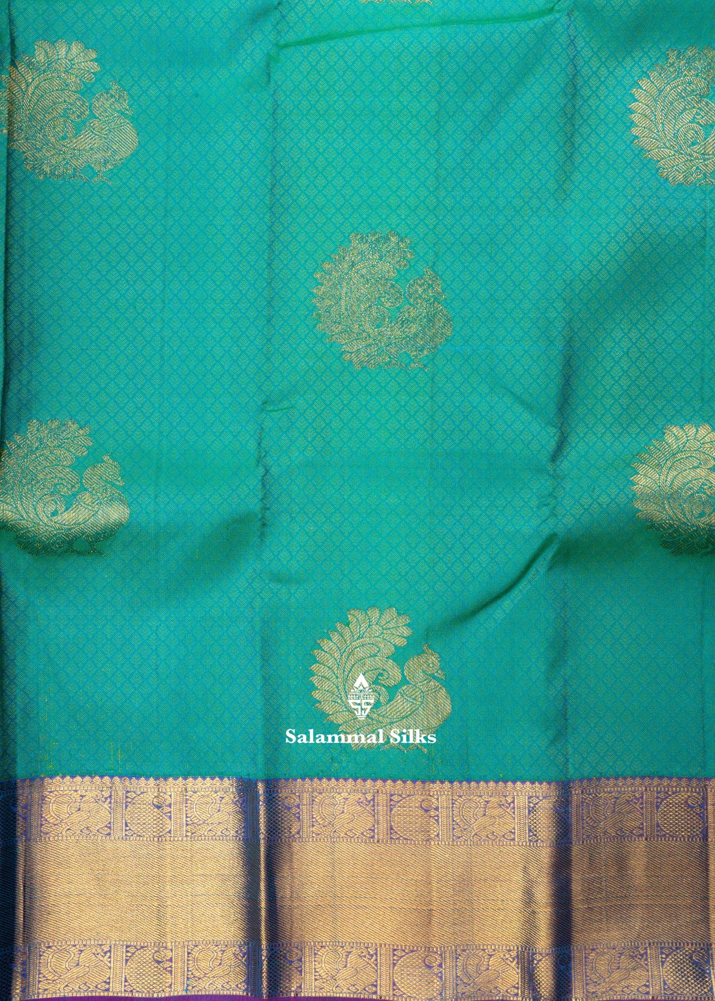 Kanjivaram Sapphire Green Pure Silk Jacquard Saree With Purple Blouse